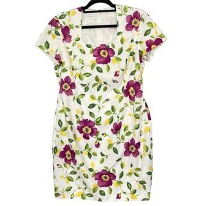 Liz Claiborne Floral‎ Cotton Women Dress Petite Square Neck White Purple 14P